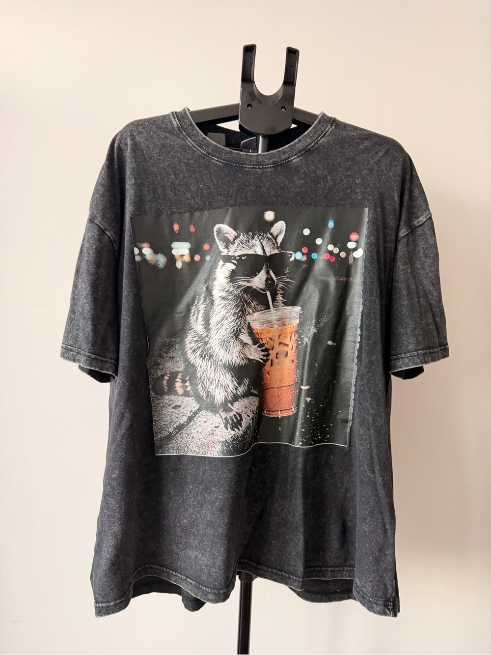 Black Graphic Raccoon Iced Coffee Tee